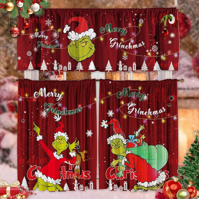 SUNWISHA Christmas Curtain Valances Set Upper Curtain 52'' Lx18'' W & Lower 36'' L x 26'' W x2 Kitchen Windows Decor 3 Piece Set red - Image 1